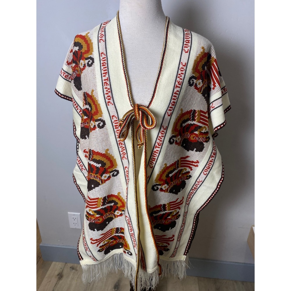 Vintage Mexican Cuauhtemoc Aztec Warrior Knit Poncho Fringe Cape Cream Red